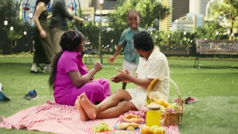 Young boy dancing and having fun with parents on checkered blanket Stock Footage 341413057