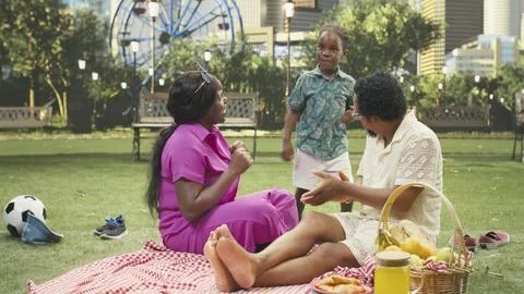Young boy dancing and having fun with parents on checkered blanket Stock Photos