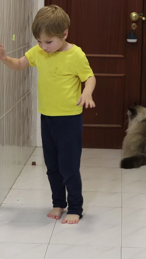 Young boy dancing in corridor with cat watching Stock Footage 326769870