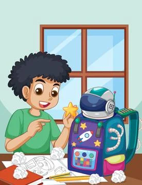 Young Boy Designing a Space Themed Backpack in His Room Illustrazione stock