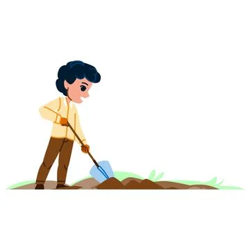 Young boy digging soil with shovel in garden Stock Illustration