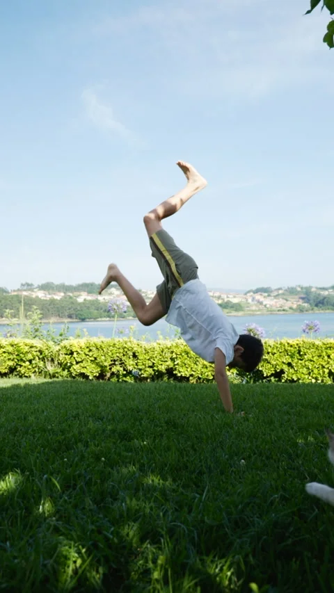 Young boy doing a handstand in the garden and cat passing by Stock Footage 211047955