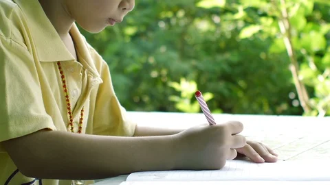 Young Boy Doing Homework in the Garden Vídeo Stock 99067319