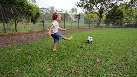 Young boy drop soccer ball on grass and kick it forward Stock Footage 310528754