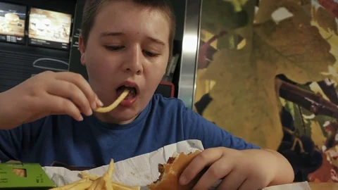 Young boy eating hamburger and french fries Video stock 84522277