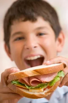 Young boy eating sandwich smiling Stock Photos