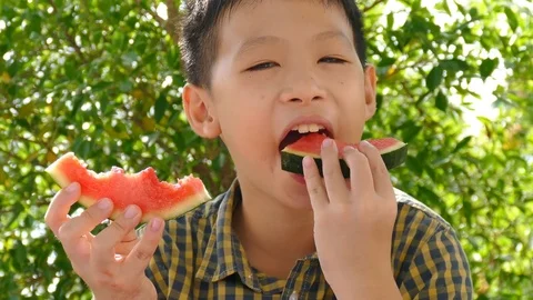 Young boy eating watermelon Stock Footage 80623980
