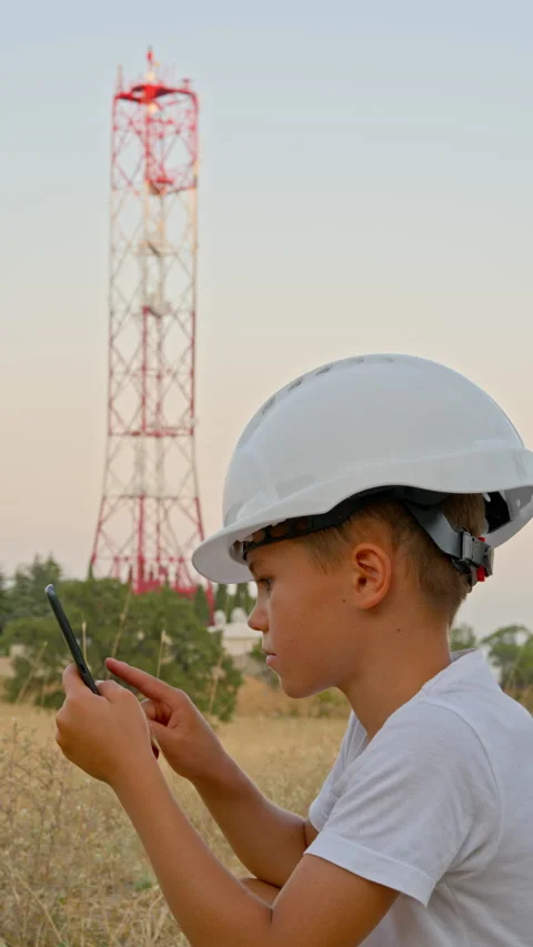 Young Boy Engineer Holding Phone with a Communication Tower Stock Footage 316899372