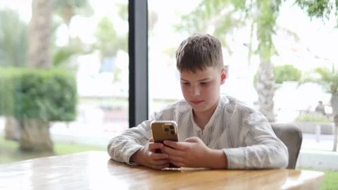 A Young Boy Engrossed in His Smartphone While at a Cozy Cafe Stock Footage 317005986