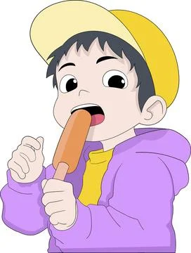 Young Boy Enjoying A Delicious Corn Dog Snack While Wearing A Colorful Outfit Stock Illustration
