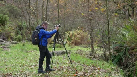 A young boy, equipped with a camera and tripod, photographs the tranquil au.. 库存影片 254804997