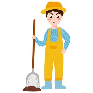 Young boy farmer digging in cartoon style isolated on white background, farm  Stock Illustration