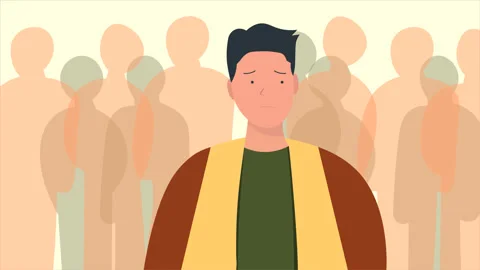 Young boy feeling insecure uncomfortable and not confident around crowded Video stock 234064784