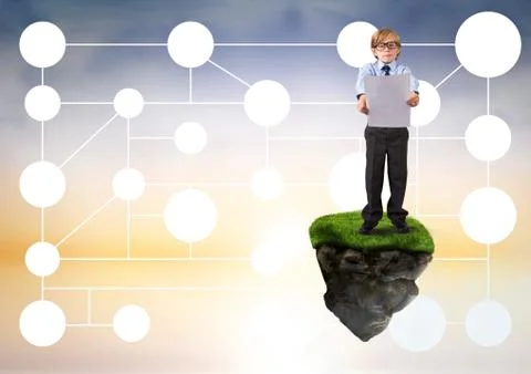 Young boy on floating rock platform  in sky holding card with connectors Stock Photos