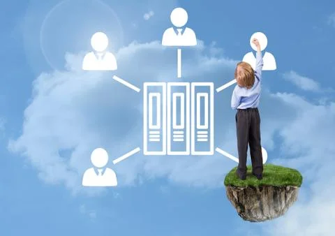 Young boy on floating rock platform  in sky drawing with file profile connectors Stock Photos