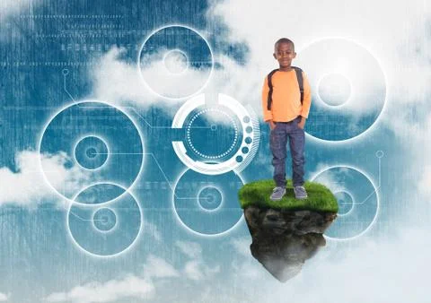 Young boy on floating rock platform  in sky with  interface Foto stock