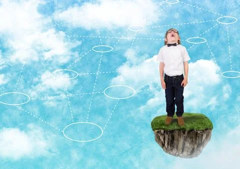 Young boy on floating rock platform  in sky with connectors interface Stock Photos