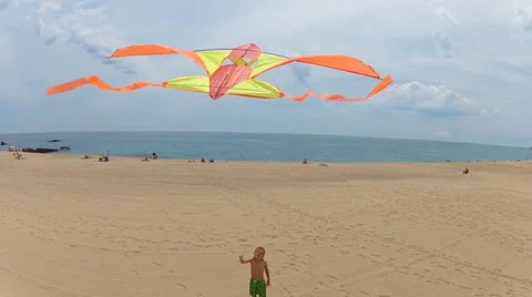 Young boy flying a kite on the beach Stock Footage 24773594