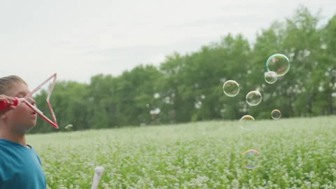Young boy forms vivid shower of shining bubbles in colorful garden, Young child Stock Footage 330951291