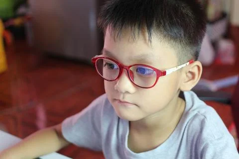 Young Boy with Glasses Focused on Computer Screen Stock Photos