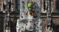 Young Boy Go Down After Wall Rock Climbing Hanging Safe Rope Kid Playing Extreme HD Footage