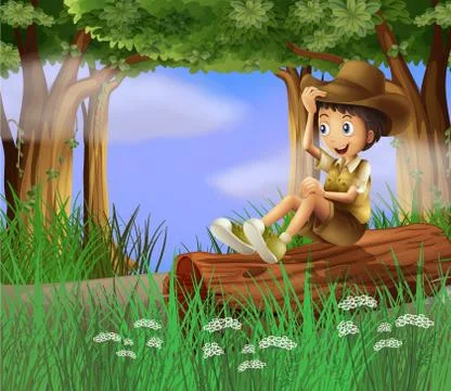 A young boy with a hat sitting at the trunk Illustrazione stock