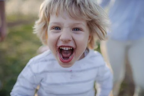 Young boy having fun during walk in blooming orchard. Stock Photos