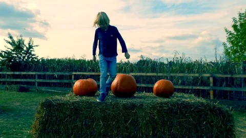 Young boy is having fun at pumpkin farm. Vídeos de archivo 118162174