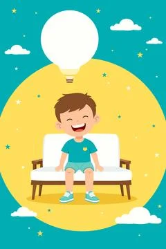 Young boy having good idea and sits on a white sofa with clouds and stars. Stock Illustration