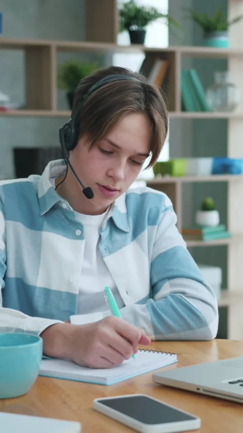 Young Boy in Headphones Headset Talks at Education Video Call on Laptop Computer Stock Footage 312084665