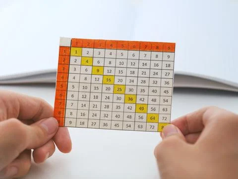 A young boy holding a multiplication table in his hands. Stock Photos