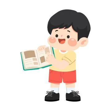 Young boy holding open textbook and pointing Stock Illustration