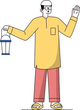 Young Boy Holding a Single Ramadan Lantern Illustration Stock Illustration