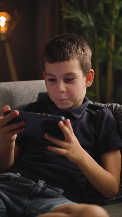 Young Boy Holding Smartphone while Sitting on Sofa Video stock 344146324