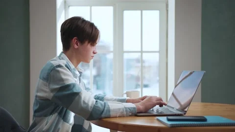 Young Boy at Home Using Laptop Computer for Education and Typing on Keyboard Stock Footage 231016928