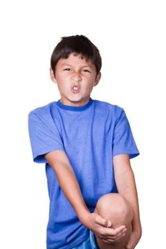 Young boy with hurt sprained knee - on white background Stock Photos