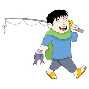 Young boy islam is walking after fishing in the lake Stock Illustration