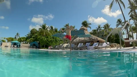 Young boy jumping to the pool, extreme slow motion, summer vacation vibes Stock Footage 337842116