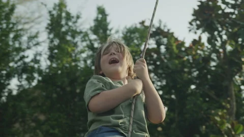 Young Boy Laughing While Swinging Outside at Golden Hour Stock Footage 208721034