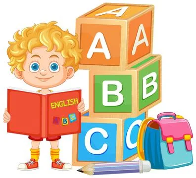 Young Boy Learning Alphabet with Blocks and Book Stock Illustration