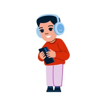 Young boy listening to music using headphones and smartphone Stock Illustration