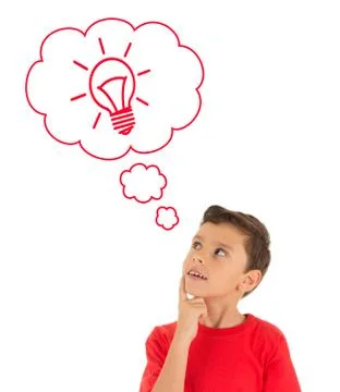 Young Boy looking up and thinking with light bulb in bubbles Foto stock