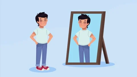 Young boy looking at his reflection in a mirror on a light blue background. Vídeos de archivo 334263261