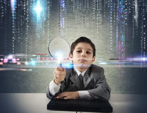 Young boy looking for malicious code Stockillustratie