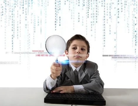 Young boy looking for malicious code Illustrazione stock