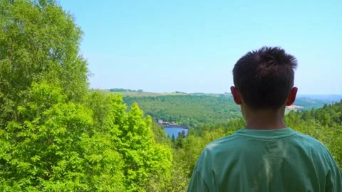 Young boy looking out across a summer landscape showing woodlands, blue sky.. Stock Footage 243834967