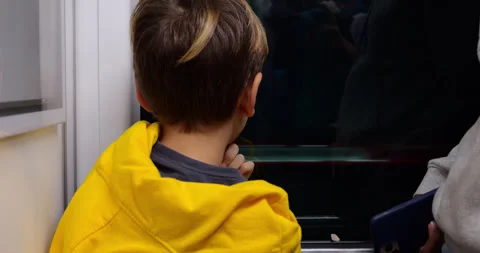 Young boy looking out subway train window passing through station Stock Footage 303985155