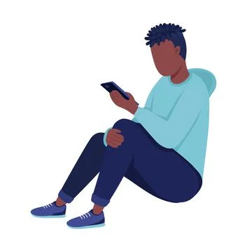 Young boy looking at phone semi flat color vector character Stock Illustration
