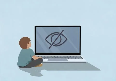 Young boy looking at privacy control symbol on laptop screen against blue イラスト素材