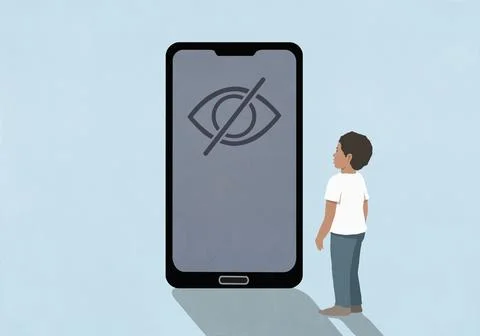 Young boy looking at privacy control symbol on smart phone screen against blue Illustrazione stock
